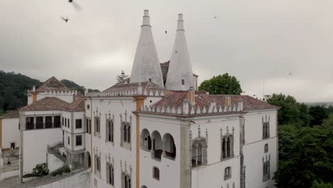 cinematic tourist shot with a flock of birds flying around sintra residence town palace, portugal