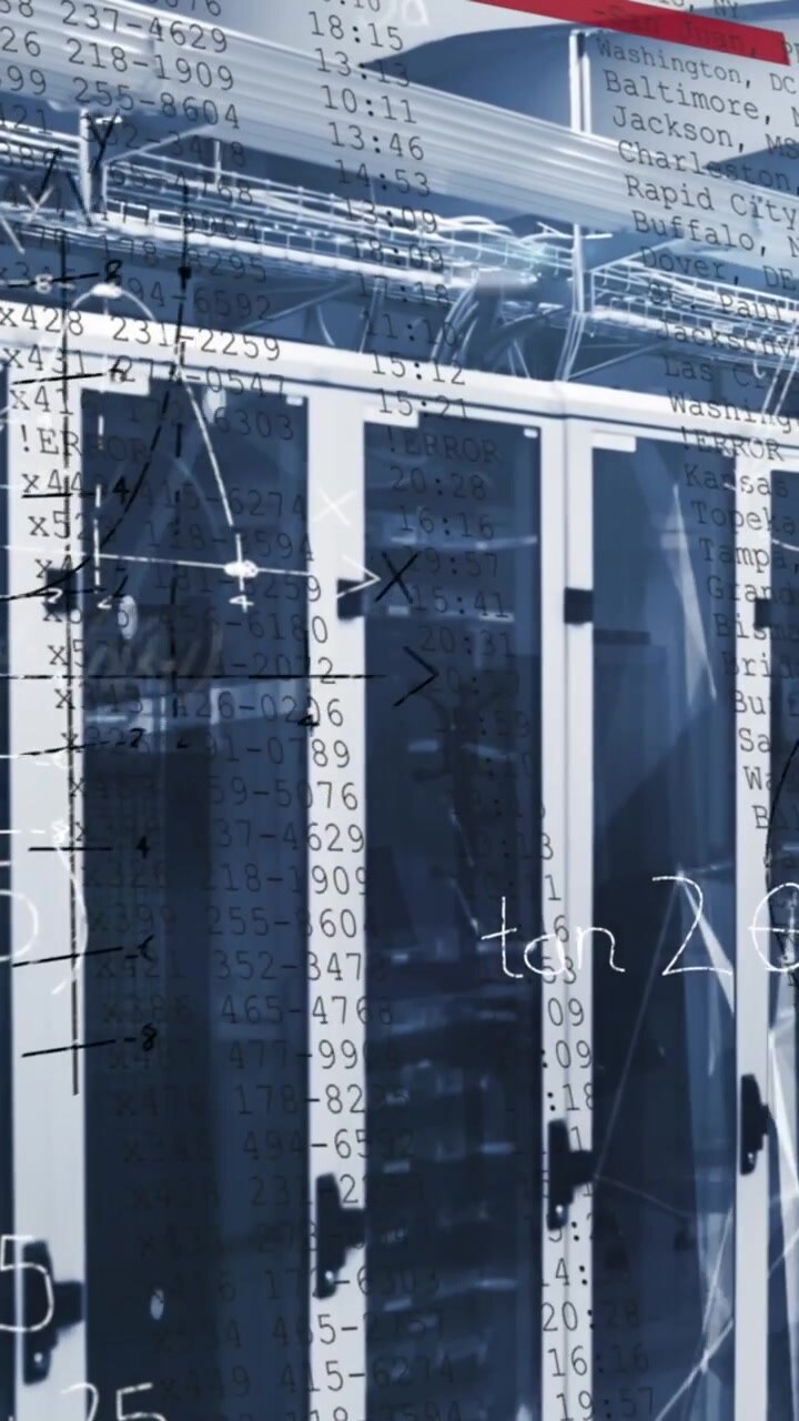 Animation of mathematical equation, diagrams, connected dots and computer interface, server room