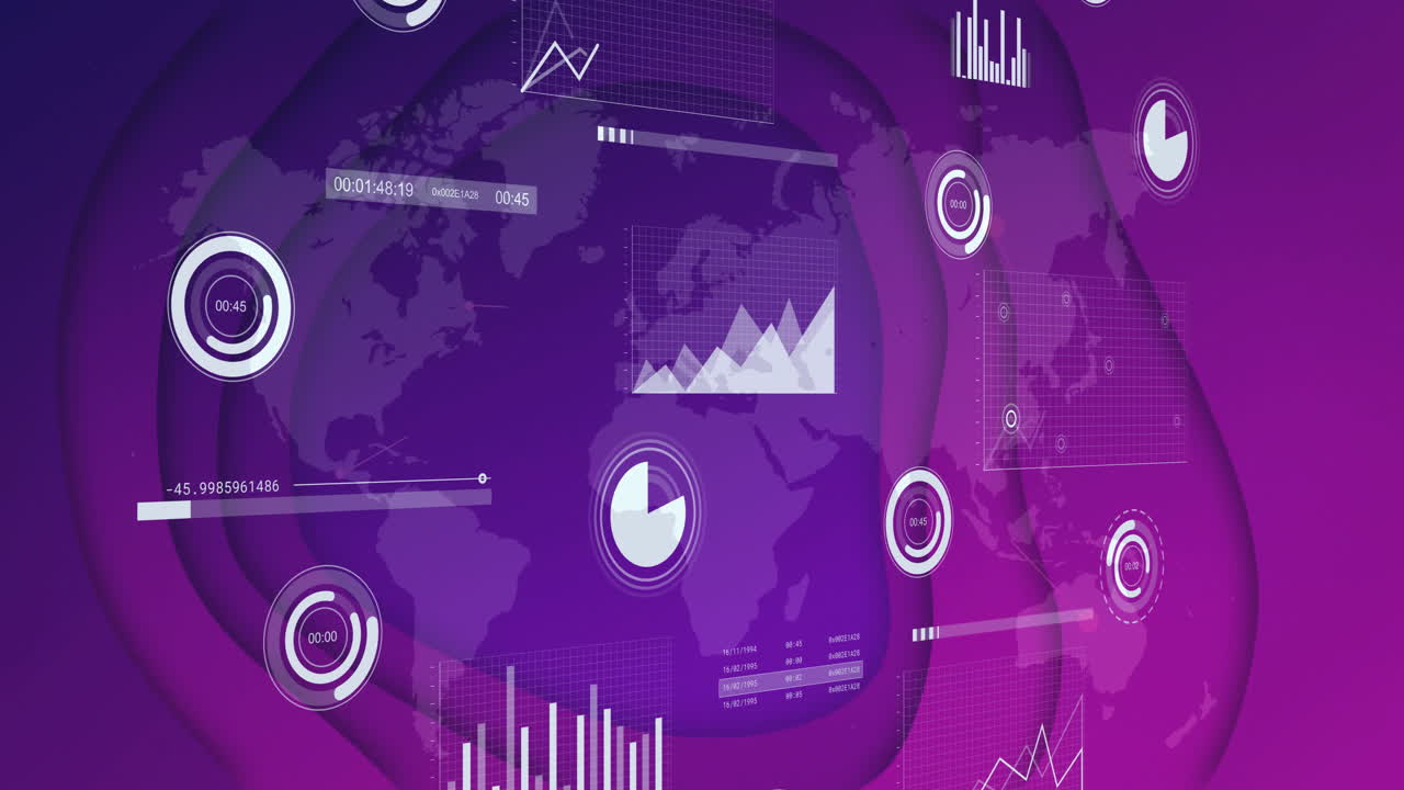 gráficos y gráficos de animación sobre el mapa del mundo en tonos púrpura