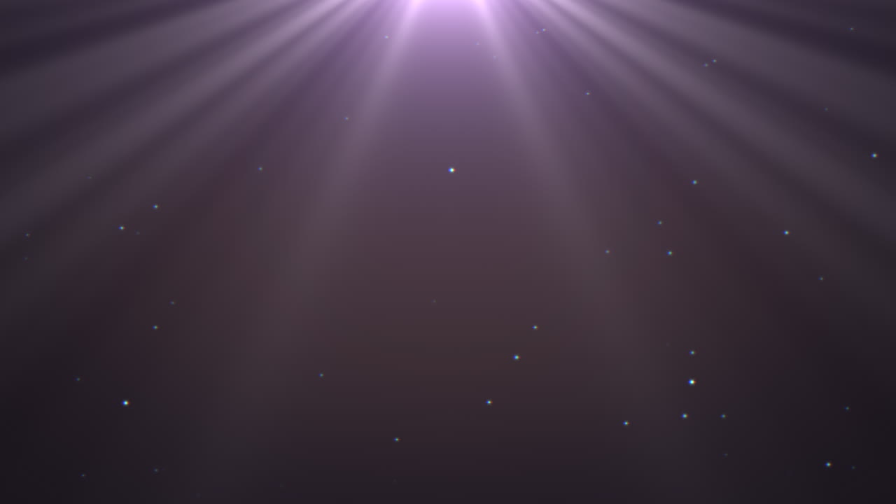 Motion and fly white particles and light rays on purple shine background