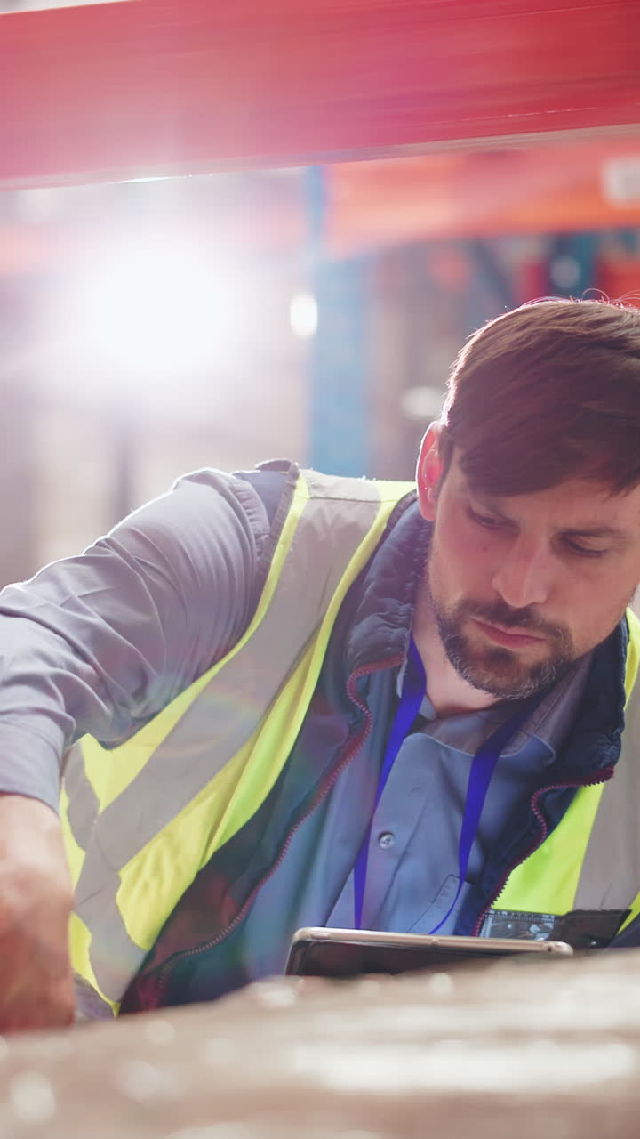 Warehouse worker using barcode scanner and mobile phone for inventory management