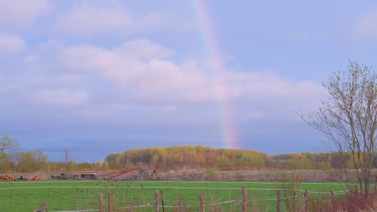 Spring farm field at dusk with vivid rainbow and soft blue sky. Trees sway gently in breeze, distant farm equipment adds rustic charm to the peaceful, pastoral landscape.