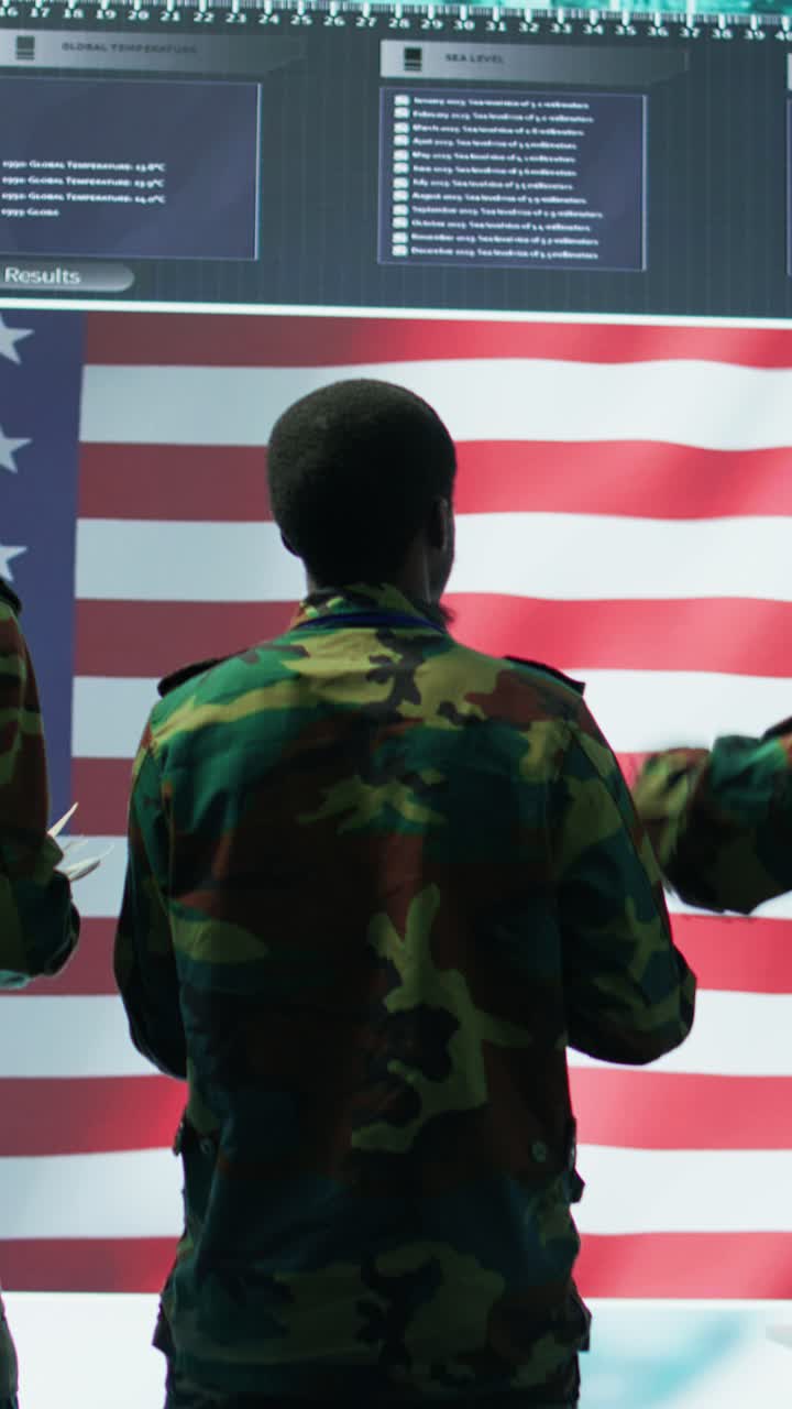 Vertical Video US soldiers in a high tech command center protecting classified information