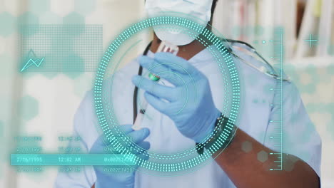animation of scope scanning and data processing over african american male doctor in hospital