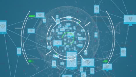 Animation-of-circular-scope-and-interference-over-network-of-media-icons,-on-blue