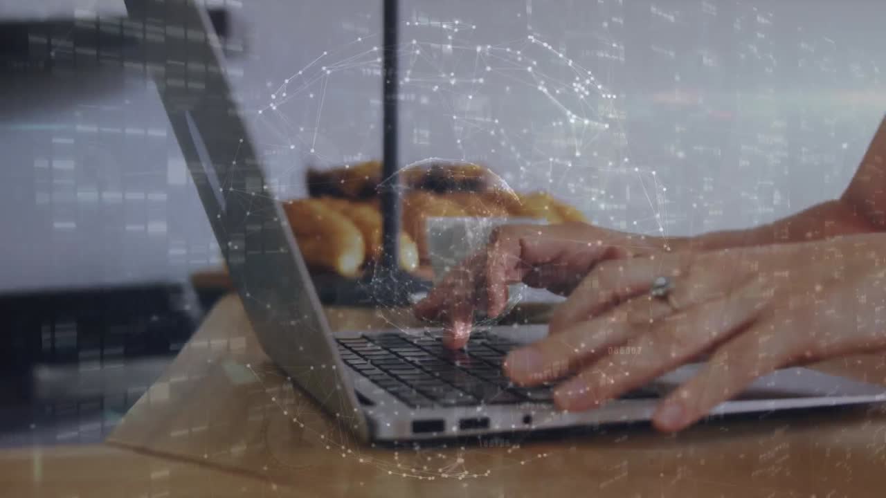 Animation of globe of network of connections over mid section of a woman using laptop at home
