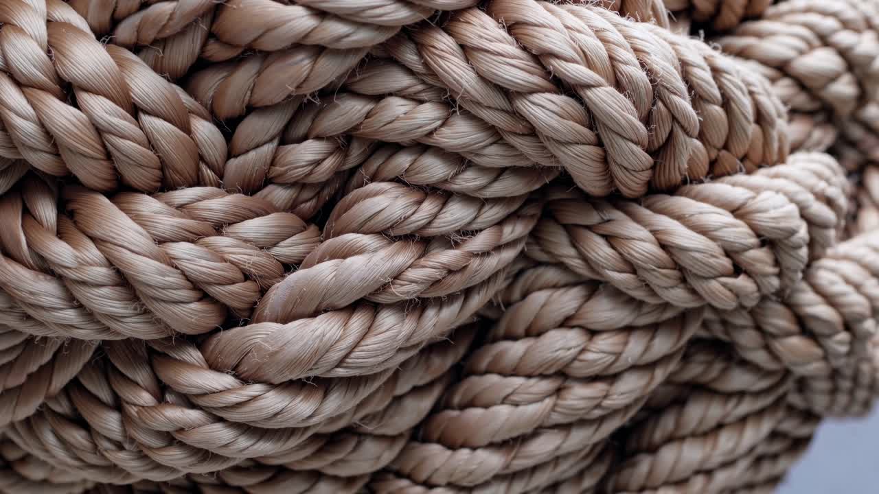 Close up view capturing intertwined rope fibers forming a tightly bound knot, highlighting the intricate texture and impressive strength of the natural material in rich brown and beige tones