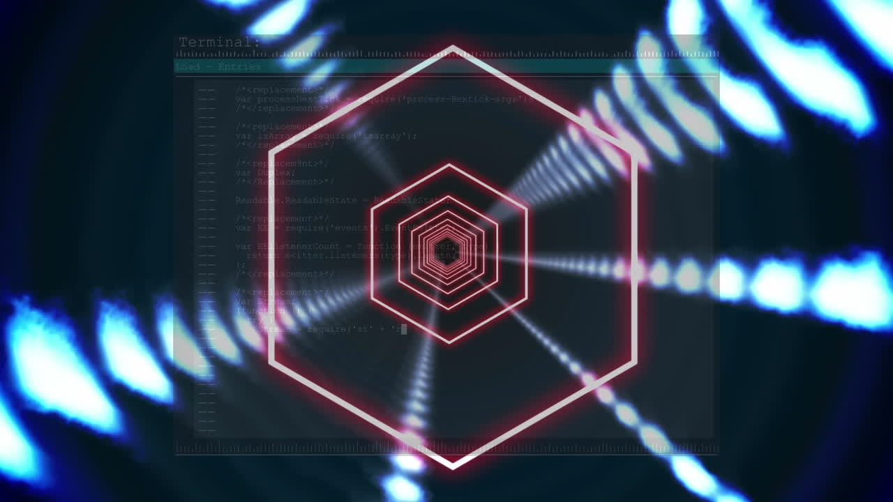 검은 바탕 위에 육각형으로 만들어진 터널의 애니메이션