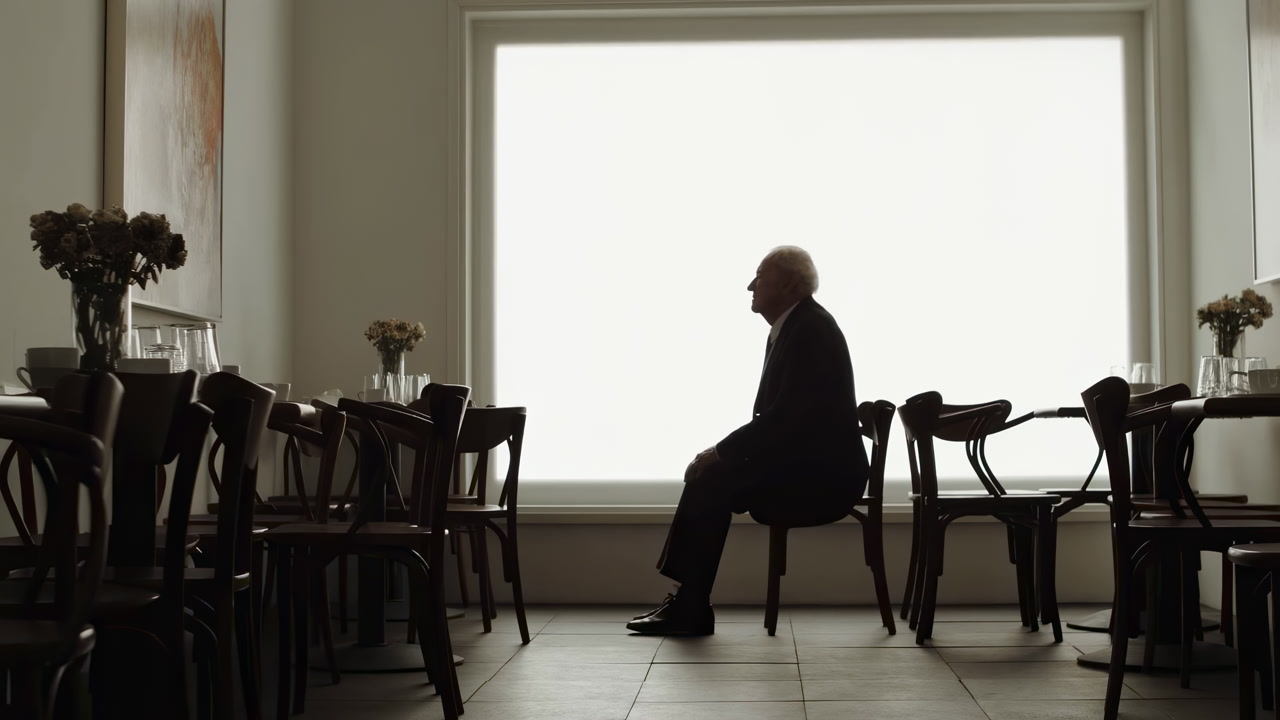 Silhouette Elderly White Man Near Window, Seated In Empty Cafe, Rows Of Chairs And Tables, Vases With Flowers