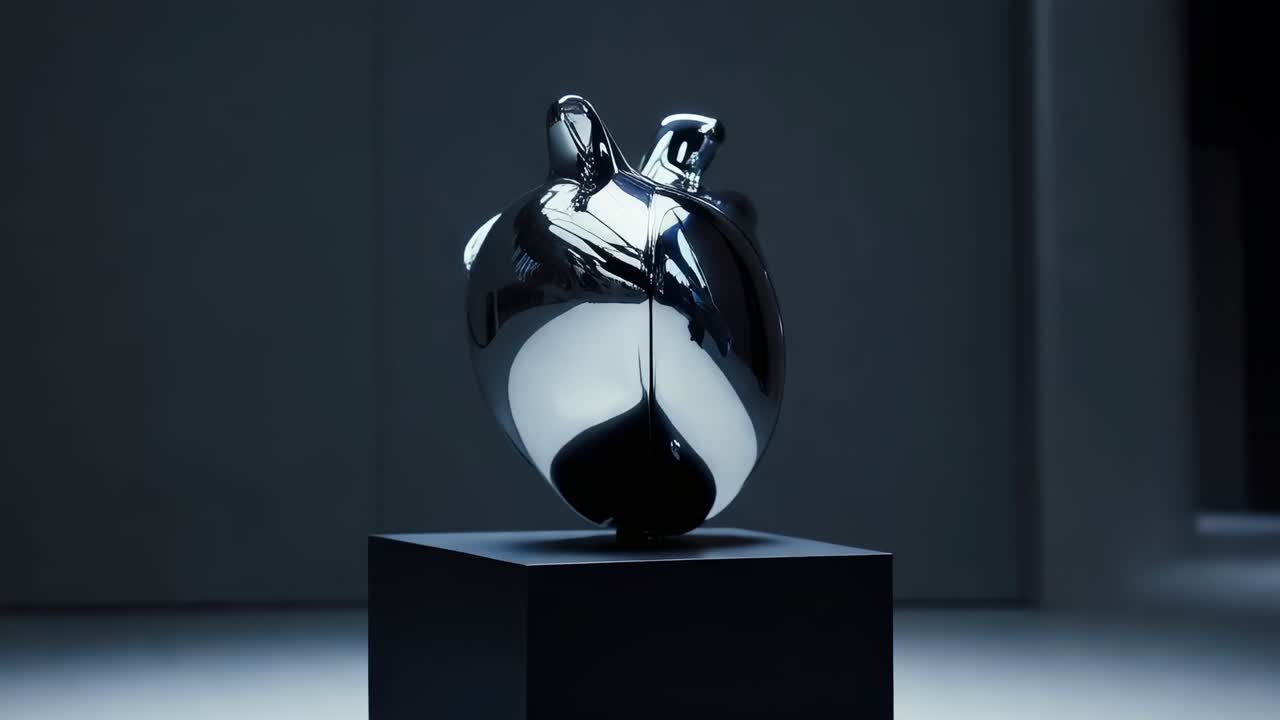 Rotation initieres, krom hjerte skulptur roterer på sort piedestal i galleriet, og viser engle