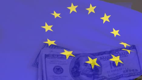 백색 표면에 달러 지폐의 클로즈업에 대해 eu 발을 흔들고 있는 애니메이션