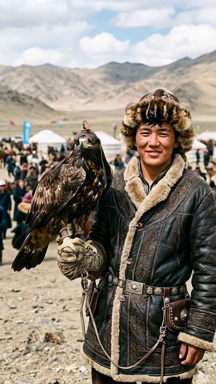 Young falconer stands beside mountain festival tents, holding hooded golden eagle on thick glove, with calm focus, traditional clothing, rugged terrain, and soft daylight, with falconer, eagle, hood