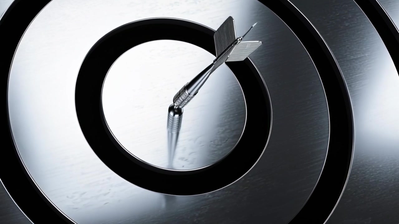 Moving steel dart entering upper right in studio closeup, piercing bull ring to score, reflecting
