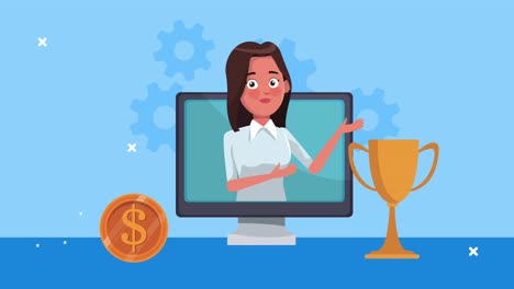 elegante mujer de negocios exitosa en el escritorio con moneda y trofeo