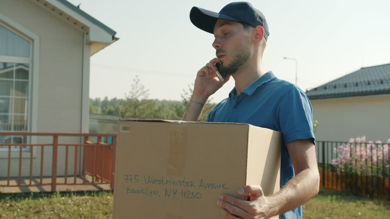 Delivery Driver Talking on Phone and Carrying a Box