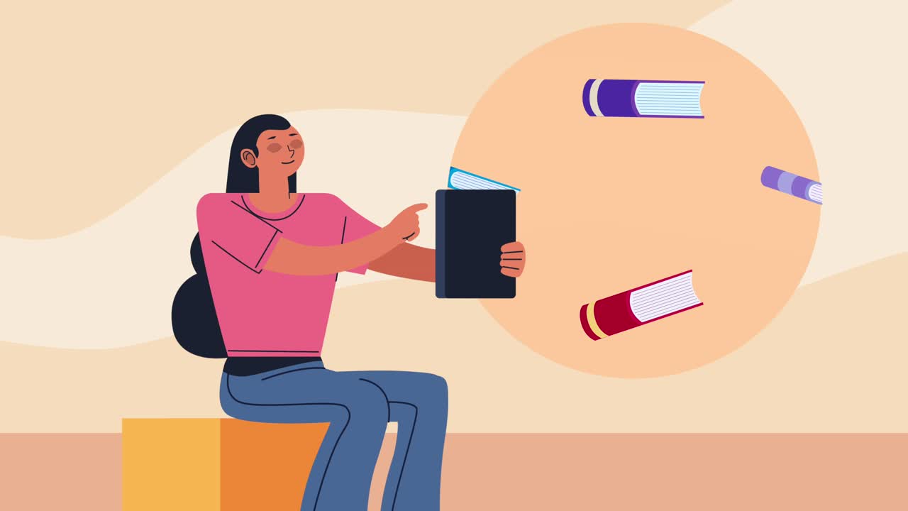text books with woman animation