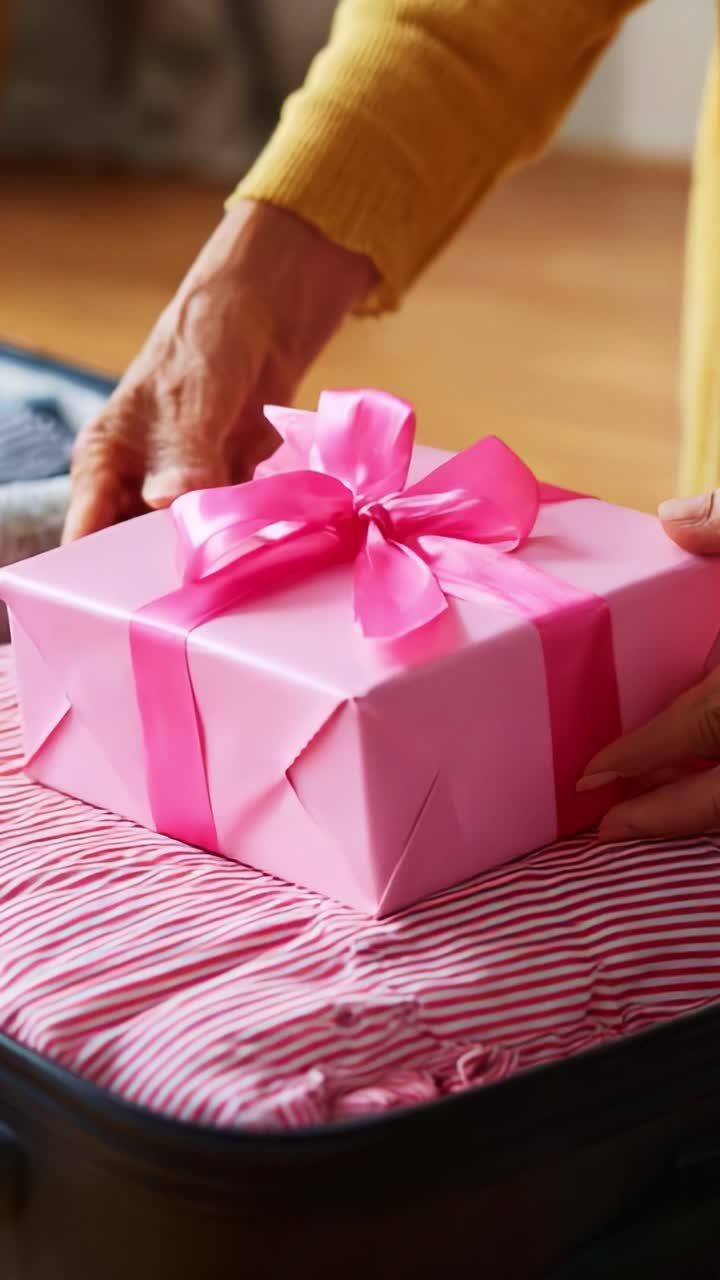 A beautifully wrapped pink gift box, adorned with a lovely ribbon, placed delicately on top of neatly folded clothing inside a suitcase, symbolizing surprise and anticipation for a special occasion