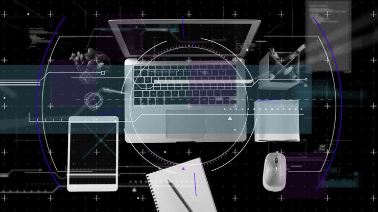 Animation of data processing over laptop and tablet with copy space lying on office desk