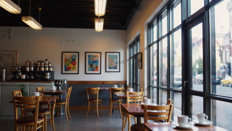 modern cafe interior with city view