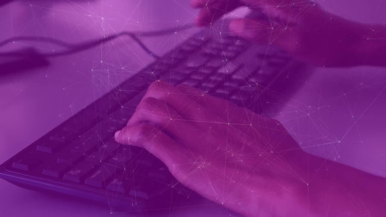 Animation of dots interconnecting with lines over cropped hands of boy using keyboard and mouse