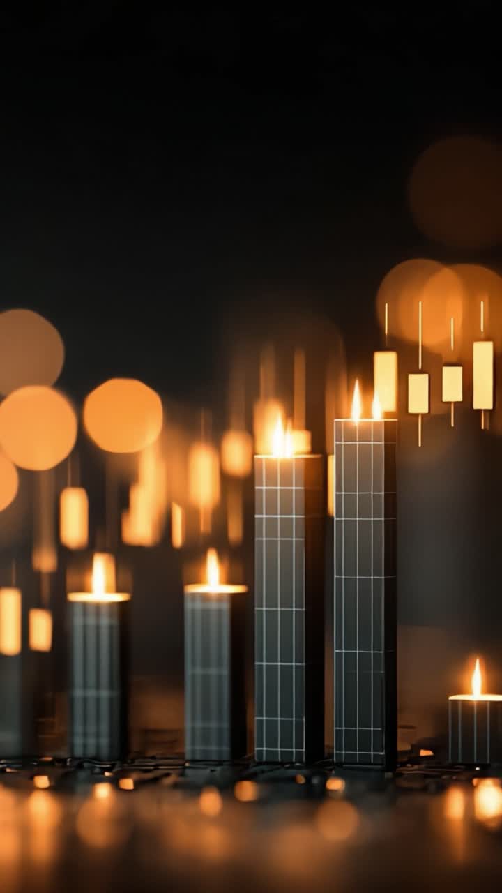 Un'affascinante esposizione di candelieri luminosi che simboleggiano le tendenze finanziarie, con luci tremolanti e colori dinamici che creano un'atmosfera suggestiva.