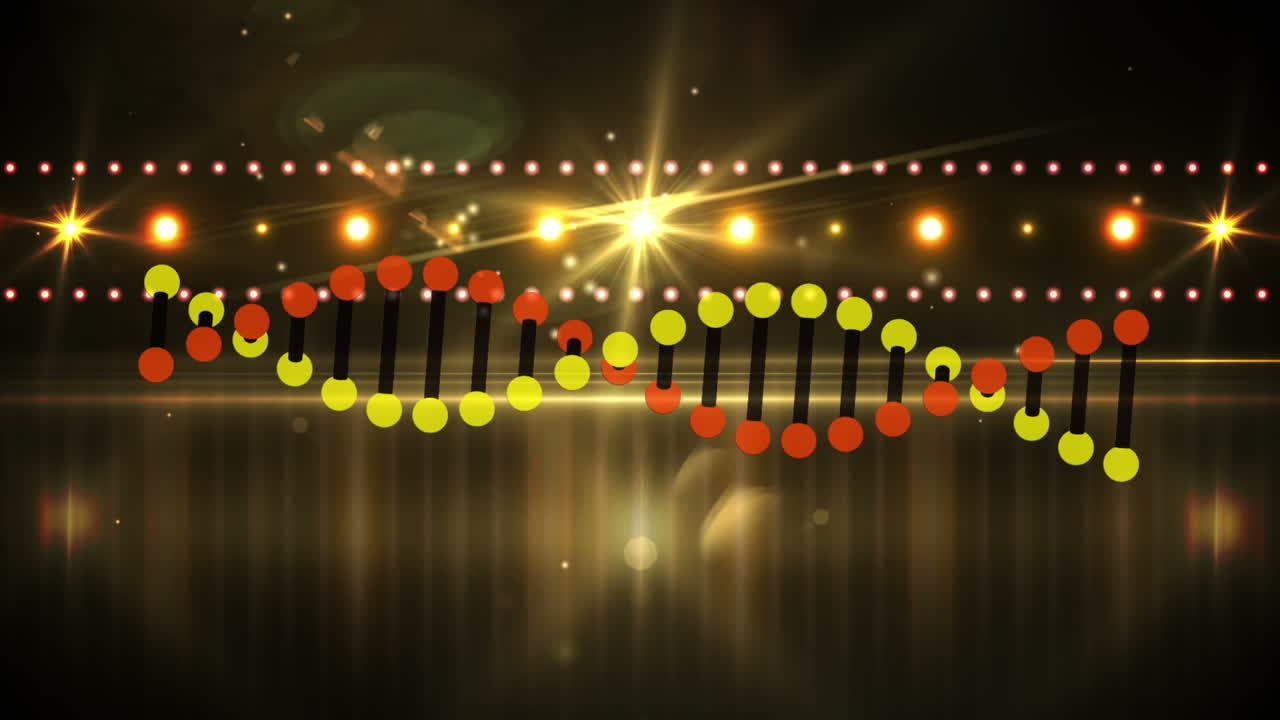 빛나는 장식에 반하여 원으로 회전하는 dna 나선의 애니메이션