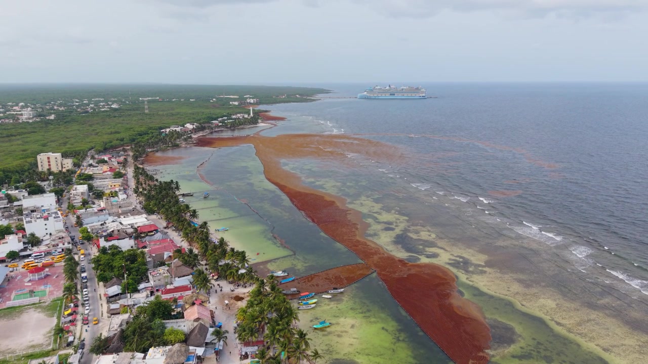 Maisemallinen drone-panoraama Mahahualin Karibianmeren rannikosta