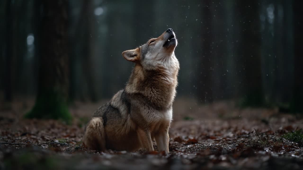Majestic Wolf Howling in a Mysterious Forest, Captured in Stunning Detail, Showcasing the Animal's Wild Beauty and Connection to Nature