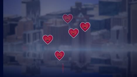 Animation-of-heart-icons-flying-over-cityscape