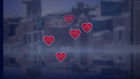 Animación-De-Iconos-De-Corazones-Volando-Sobre-El-Paisaje-Urbano