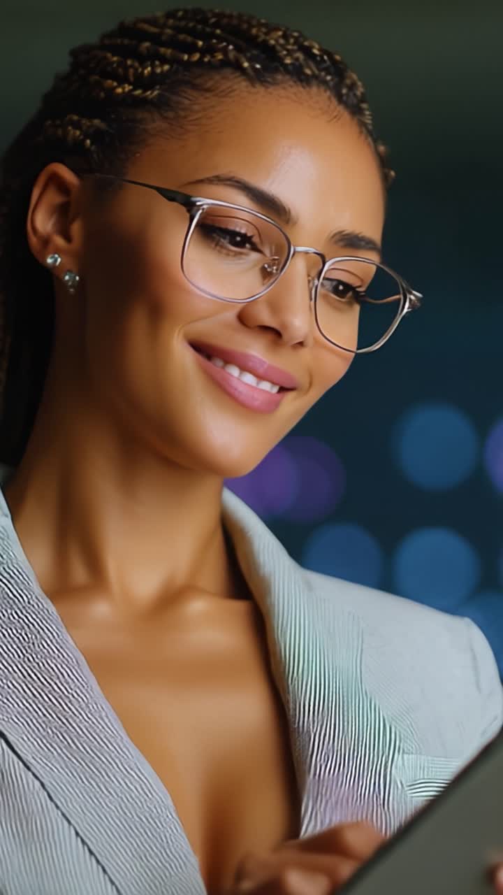 Professional Woman Engaging with Tablet, Showcasing Intelligence and Style in a Modern Environment, Focusing on Technology and Sophisticated Communication Skills