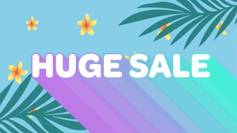 Animation-of-retro-huge-sale-text-with-gradient-purple-to-blue-shadow-and-flowers-on-blue