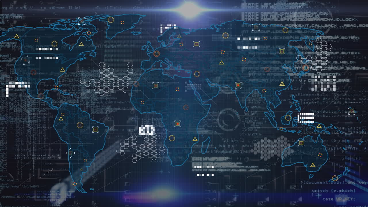 검은색 배경에 데이터 처리를 통해 세계 지도의 애니메이션