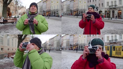 Multi-screen-shot-of-senior-woman-man-tourists-taking-picture-with-retro-photo-camera-in-city-center