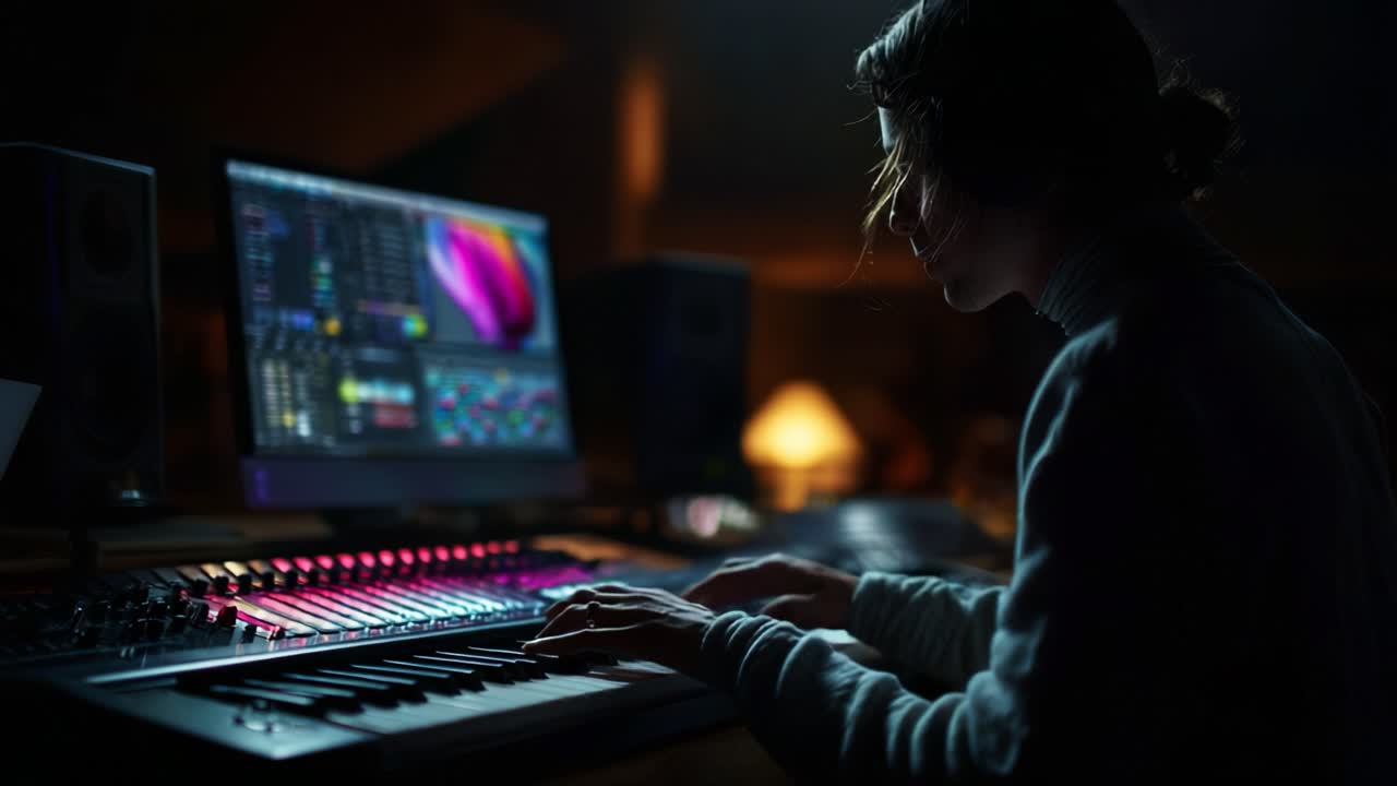 A Music Producer in Reflection: Harnessing Creativity with a Synthesizer at Night, Illuminated by Vibrant Colors on a Digital Audio Workstation Display