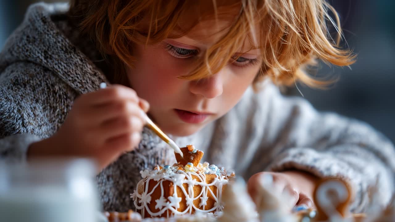 A Young Child Delicately Decorates a Gingerbread Creation with Icing and Colorful Sprinkles, Displaying Concentration and Artistic Flair in a Cozy Indoor Setting, Captured in a Heartwarming Moment