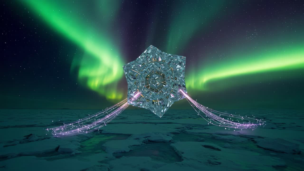 A Captivating Synthesis of Nature and Technology: A Glowing Snowflake Structure Under the Spectacular Aurora Borealis