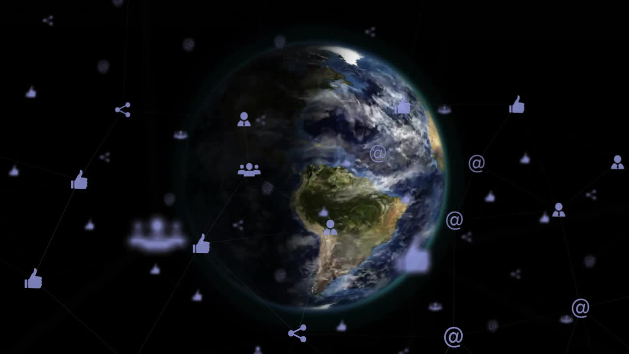 Animazione di una rete di connessioni con icone su un mappamondo, su sfondo nero