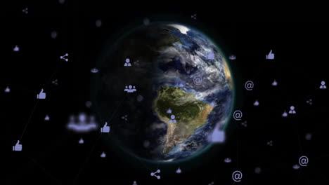 animazione della rete di connessioni con icone sul globo su sfondo nero