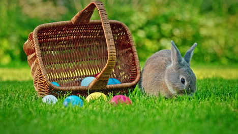 conejo de pascua en un jardín con huevos