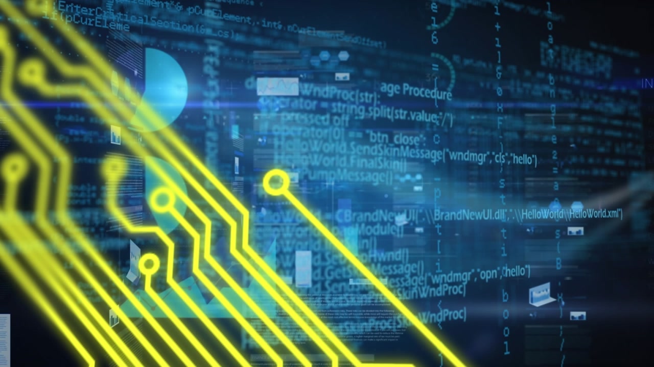 Animation of yellow computer motherboard and data processing on blue background