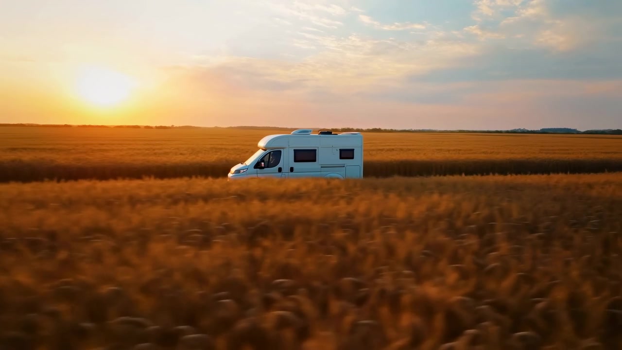 Karavan tarlada duruyor, gün batımı gökyüzünün altında açık bir tarlada, karavan, buğday tarlası, buğday, metal karavan dokusu ile, geniş açılı çekim perspektifinden ve huzurlu bir ruh haliyle.