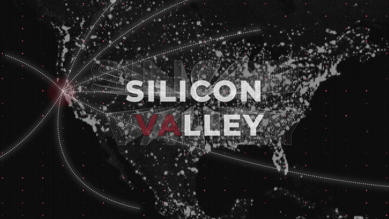 미국 지도에 있는 실리콘  ⁇ 리 텍스트, 전 세계를 연결하는 기술 지역 - 3d 렌더