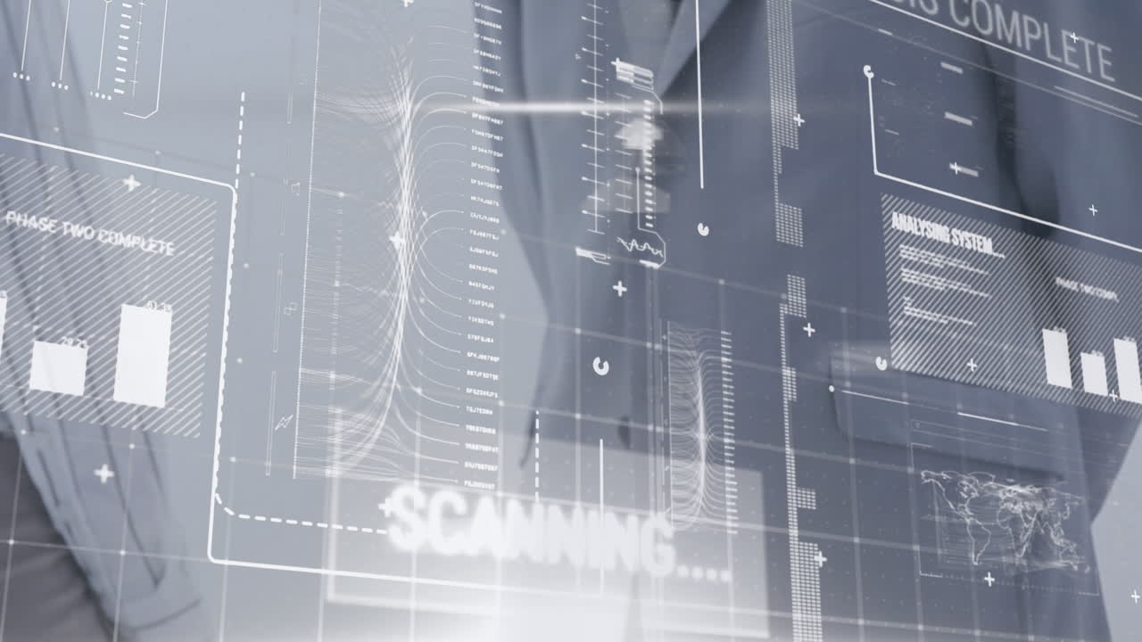 카우카스계 사업가들이 손을 흔들고 있는 금융 데이터 처리 애니메이션