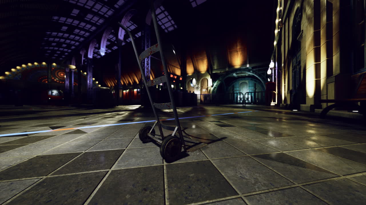 늦은 저녁 시간 동안 희미하게 조명 된 현대 홀에서 빈 트롤리