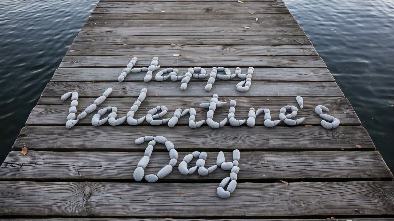 Recording camera capturing centered pebble lettering reading Happy Valentines Day on aged wood dock