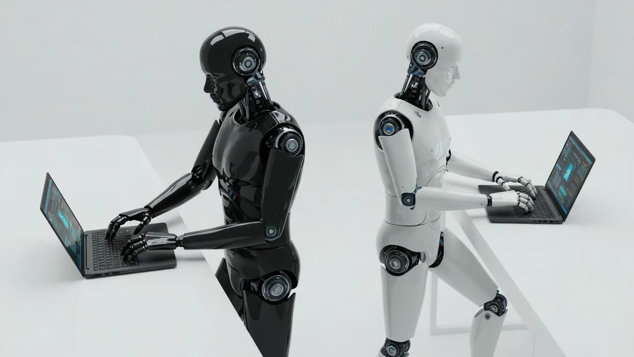 A captivating scene showcasing two humanoid robots, one black and one white, engaged in parallel activities while working on their laptops in a modern workspace