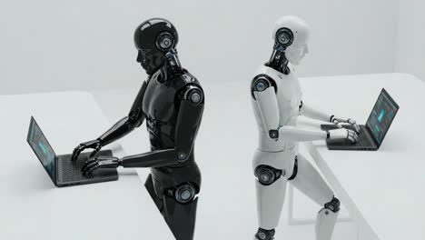 a captivating scene showcasing two humanoid robots, one black and one white, engaged in parallel activities while working on their laptops in a modern workspace