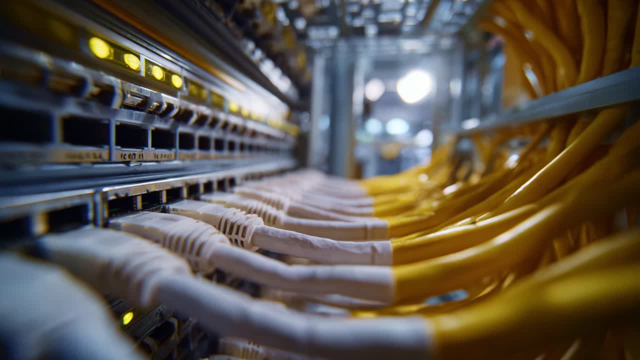 Intricate Network of Fiber Optic Cables Connecting Switches in a High-Tech Data Center with Vibrant Yellow Cords and Glowing LED Indicators