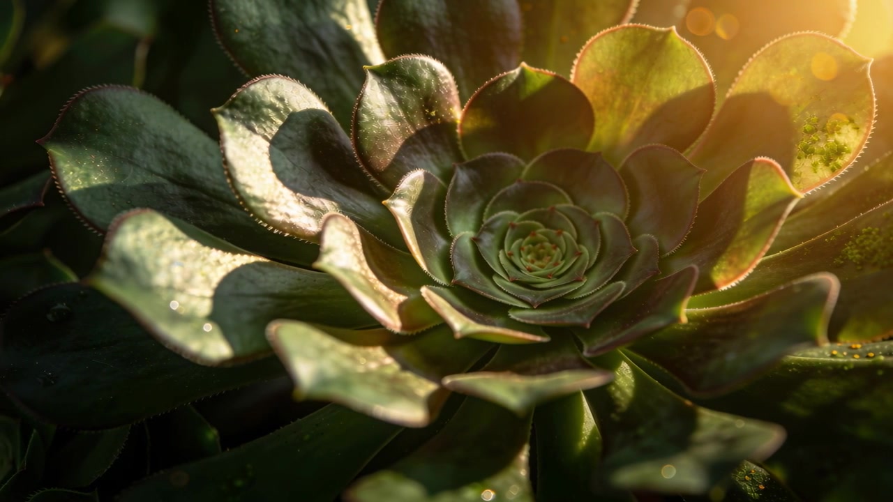 Succulenta a rosetta illuminata in giardino, con il sole dorato che sorge e la telecamera che zooma, mostrando la rugiada.